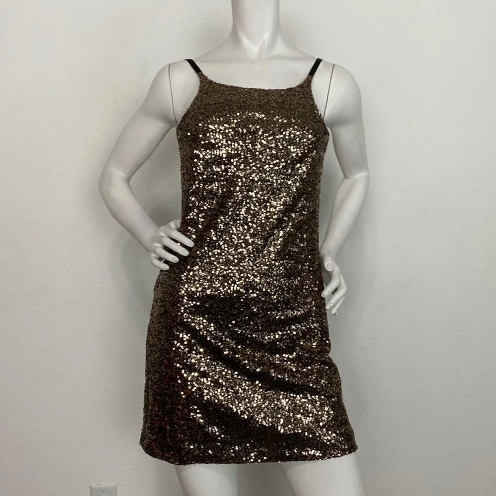GB Gianni Bini Chandelier Masquerade Copper Black Sequin Mini Dress Size XS